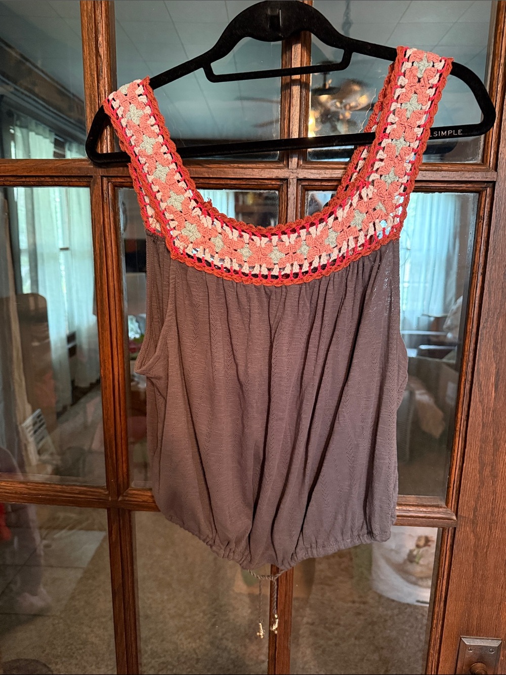 Lucky Brand Gray Crochet Neck‎ Bubble Hem Tank Top Boho Sleeveless Sz L